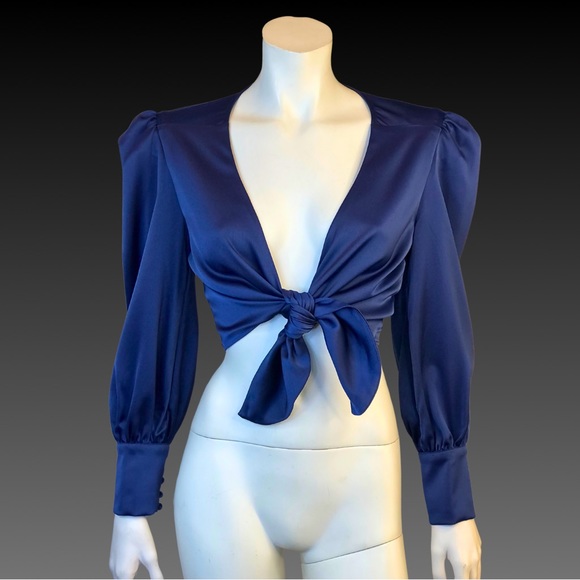 WAYF Navy Blue Satin Tie Front Cropped Shirt Jacket M NWT - Picture 6 of 10